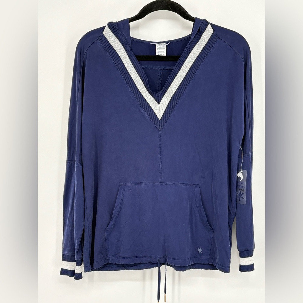 SPLENDID Studio Pullover Hoodie Navy V-Neck with White Trim Women’s Small